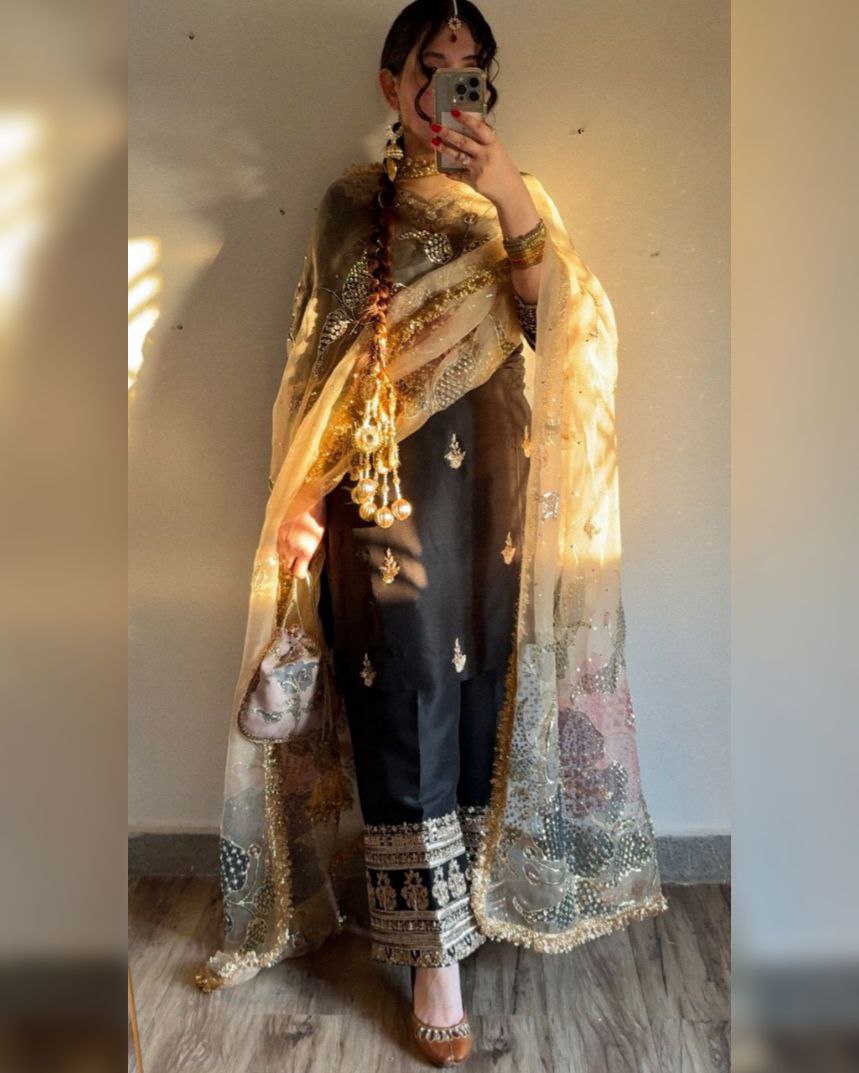 Ready To Wear Blue & Black Chinon Silk Embroidery Work Salwar Suit With Dupatta