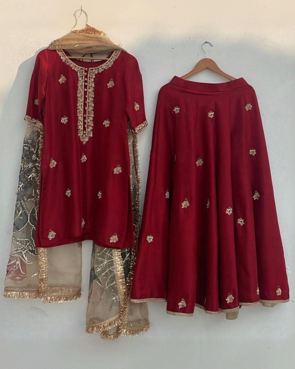 Ready To Wear Red Chinon Silk Embroidery Work Sharara Suit With Dupatta