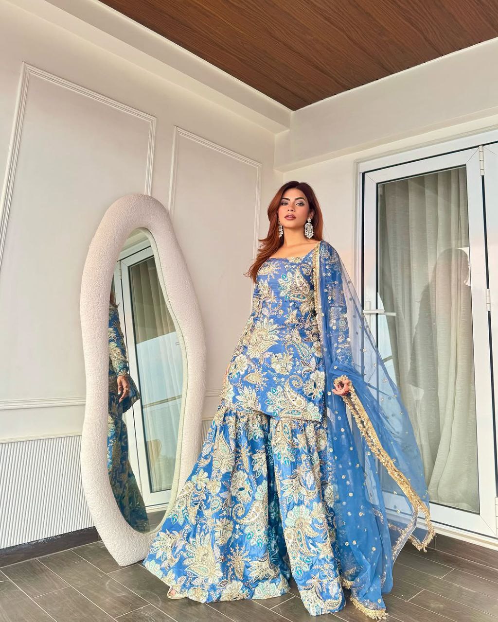 Ready To Wear Blue Chinon Silk Embroidery Work Gharara Suit With Dupatta