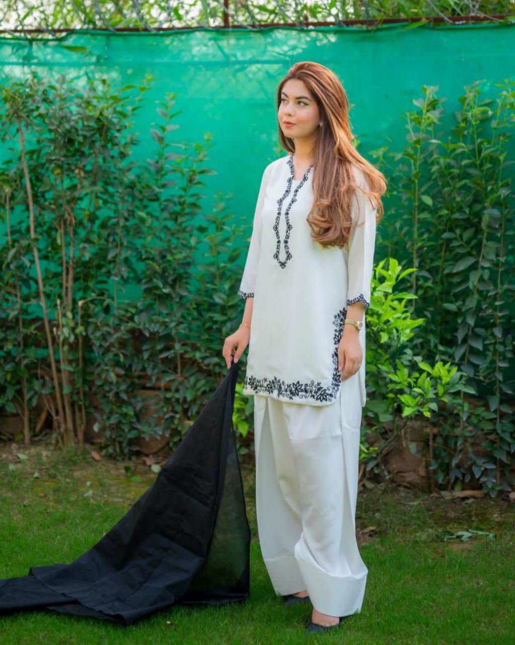 Ready To Wear White Roman Silk Embroidery Work Farshi Suit With Black Dupatta