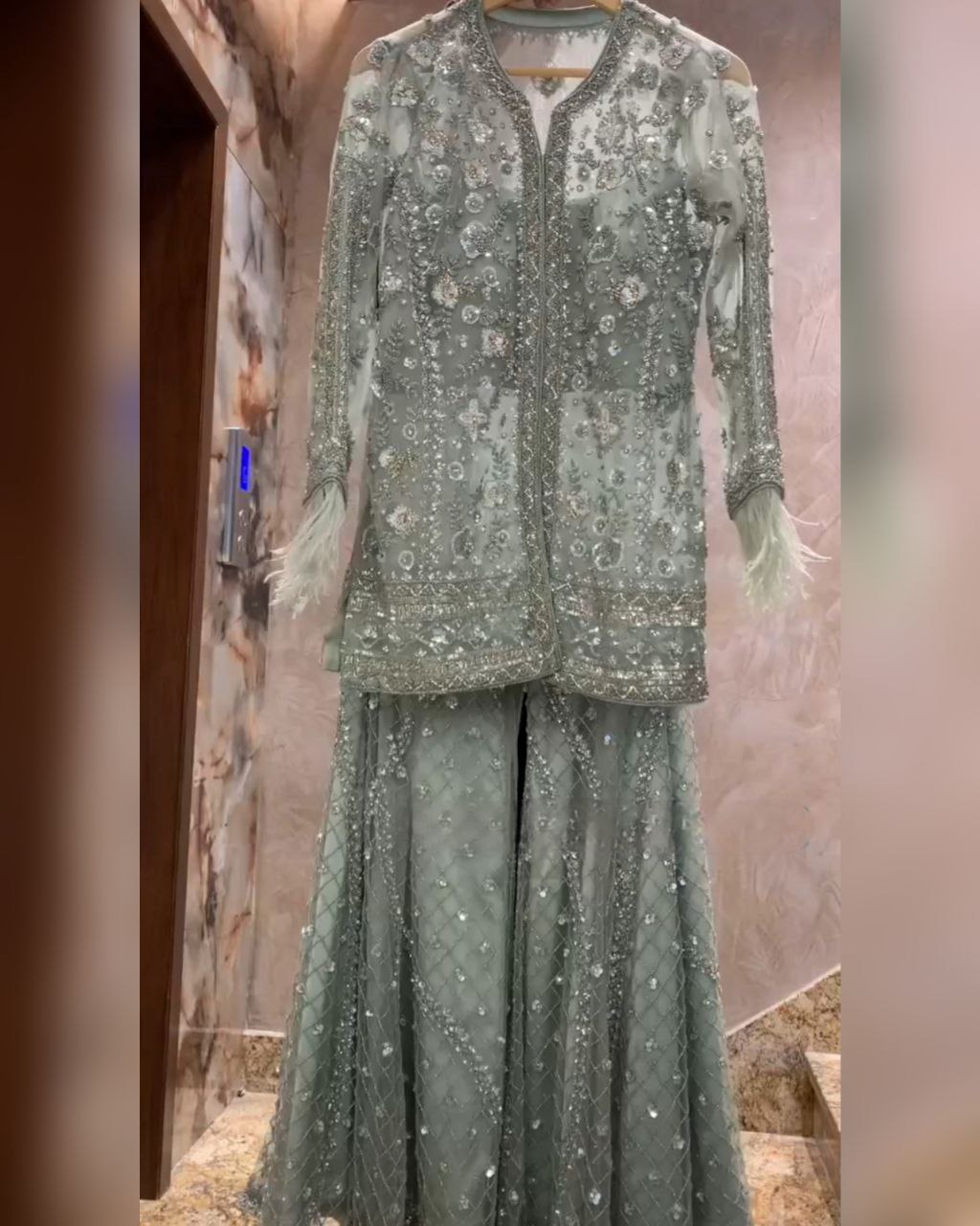 Ready To Wear Green & Pink Net Embroidery Work Palazo Suit With Dupatta