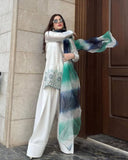 Ready To Wear White Roman Silk Embroidery Work Farshi Suit With Multi Dupatta