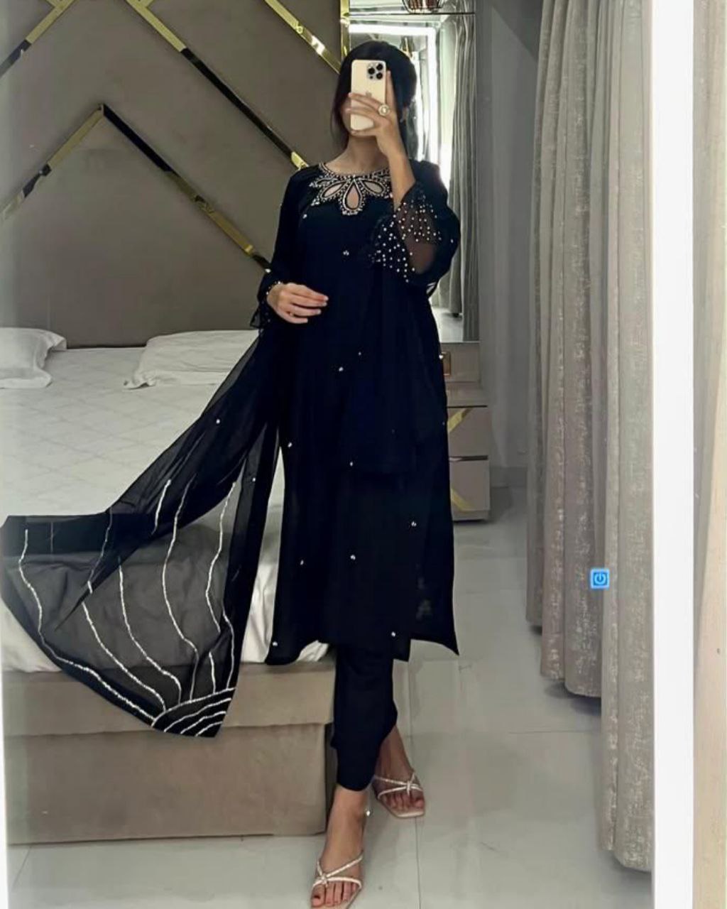 Ready To Wear Pista & Black Satin Silk Sequence Work Pant Suit With Dupatta