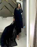 Ready To Wear Pista & Black Satin Silk Sequence Work Pant Suit With Dupatta