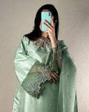 Ready To Wear Pista & Black Satin Silk Sequence Work Pant Suit With Dupatta