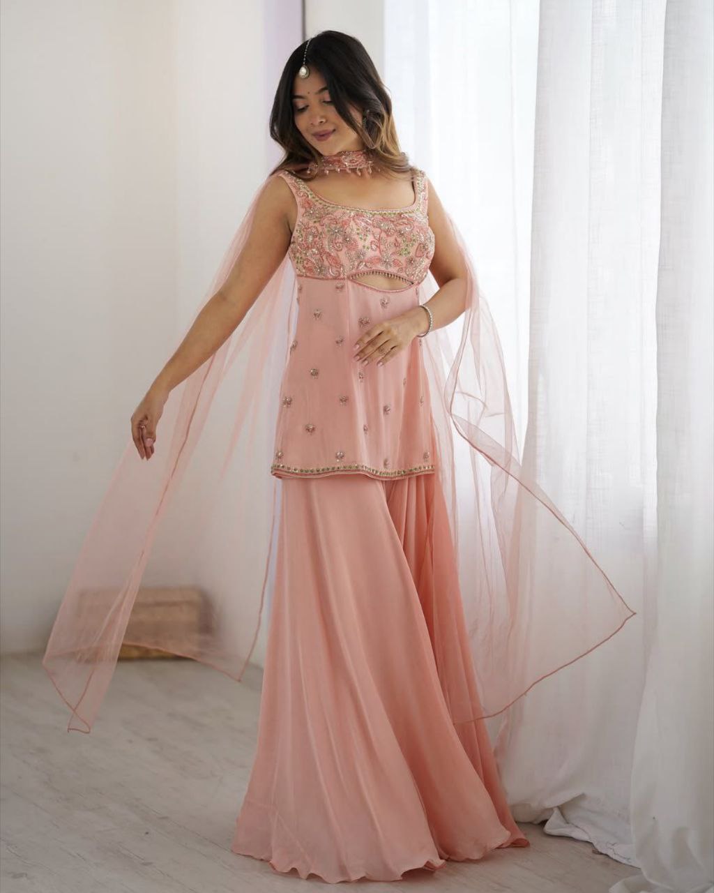 Ready To Wear Peach Silk Embroidery Work Palazo Suit With Dupatta