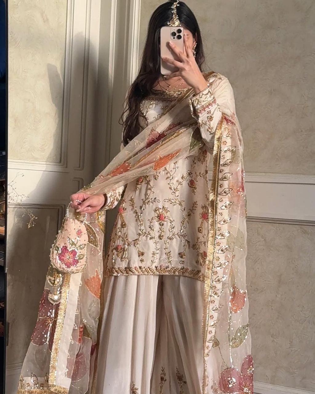 Ready To Wear Cream Chinon Silk Embroidery Work Sharara Suit With Dupatta