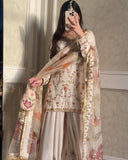 Ready To Wear Cream Chinon Silk Embroidery Work Sharara Suit With Dupatta