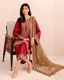 Exclusive Red Chinon Silk Embroidery Work Pant Suit With Brown Dupatta
