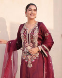 Exclusive Wine Satin Silk Sequence Work Pant Suit With Dupatta