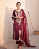 Exclusive Wine Satin Silk Sequence Work Pant Suit With Dupatta