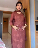 Exclusive Brown Soft Georgette Thread Work Pant Suit With Dupatta