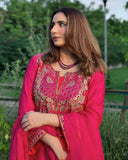 Ready To Wear Hot Pink Chinon Silk Thread Work Farshi Suit With Dupatta