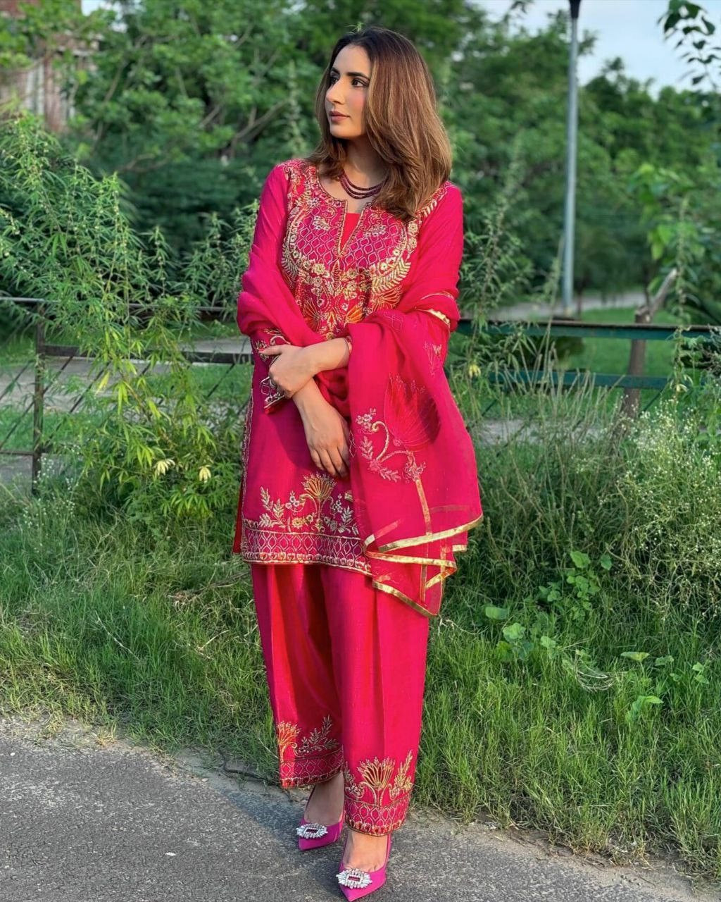 Ready To Wear Hot Pink Chinon Silk Thread Work Farshi Suit With Dupatta