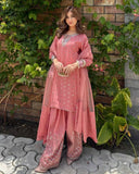Ready To Wear Peach Chinon Silk Embroidery Work Farshi Suit With Dupatta