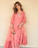 Ready To Wear Peach Chinon Silk Embroidery Work Farshi Suit With Dupatta