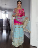 Ready To Wear Pink & Sky Soft Georgette Embroidery Work Gharara Suit With Dupatta