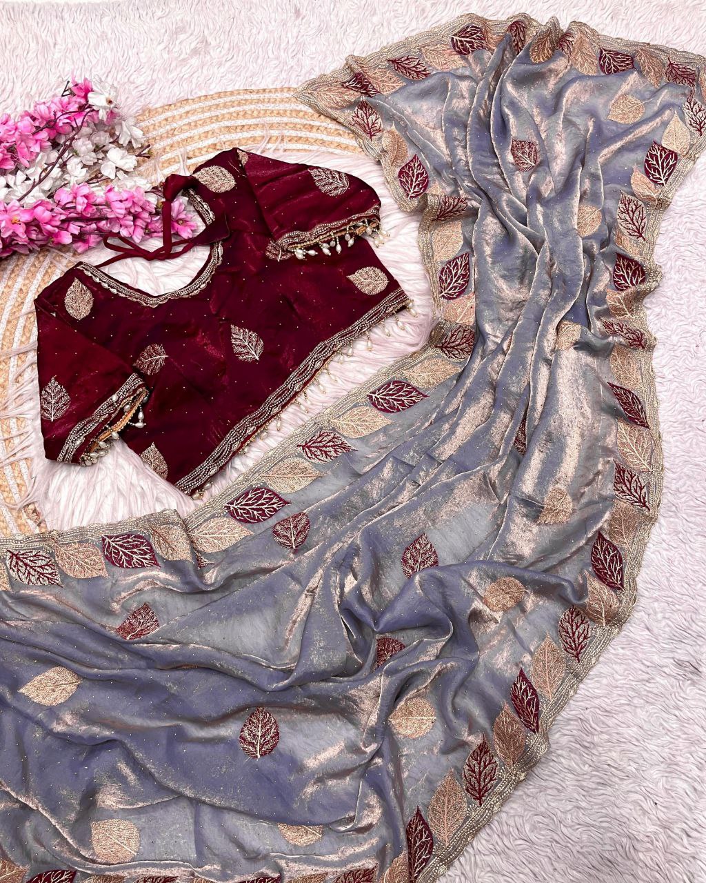 Exclusive Purple , Yellow , Pink & Green Satin Silk Embroidery Work Saree With Blouse