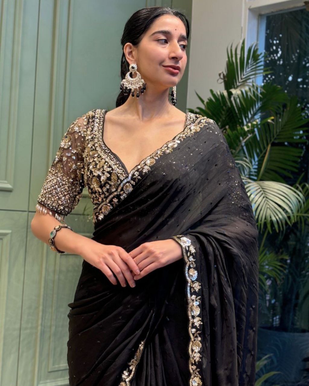 Ready To Wear Black Silk Embroidery Work Saree With Blouse