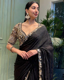 Ready To Wear Black Silk Embroidery Work Saree With Blouse