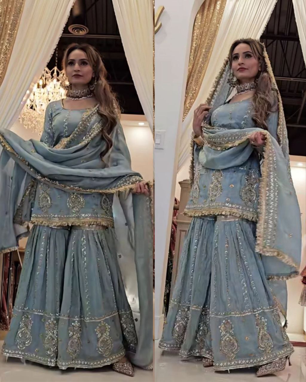 Ready To Wear Grey Chinon Silk Embroidery Work Gharara Suit With Dupatta