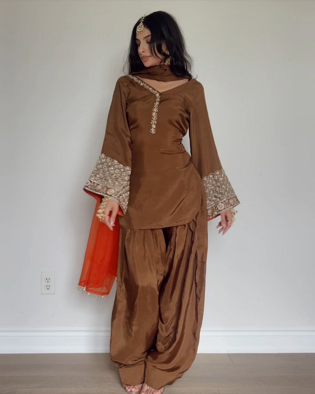 Ready To Wear Mustard Brown Satin Silk Sequence Work Farshi Suit With Dupatta