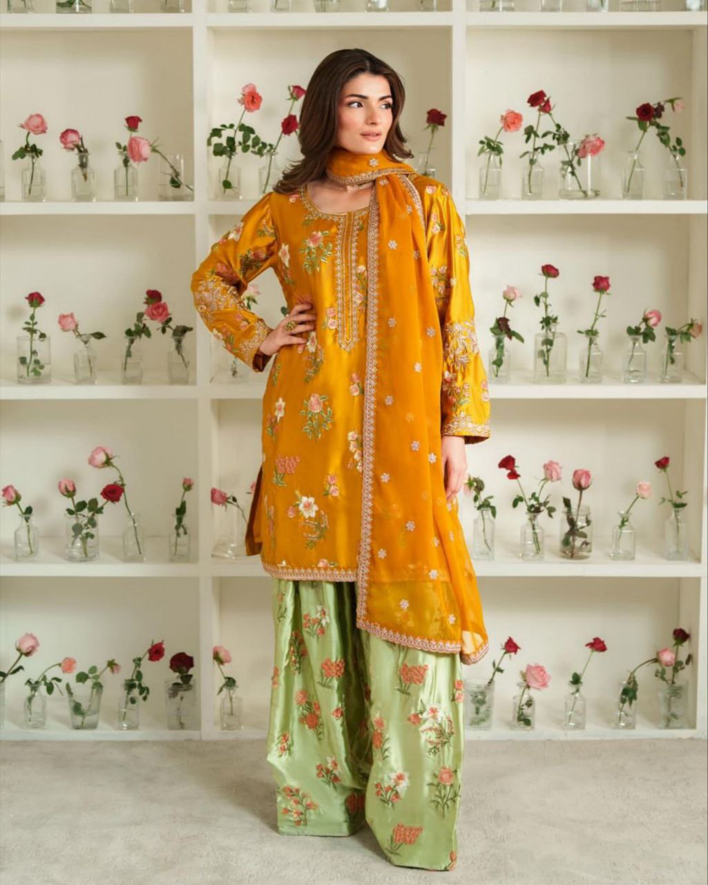 Yellow & Green Crep Silk Embroidery Work Farshi Suit With Dupatta