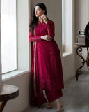 Ready To Wear Cherry Red Soft Georgette Embroidery Work Pakistani Suit With Dupatta