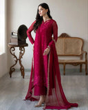 Ready To Wear Cherry Red Soft Georgette Embroidery Work Pakistani Suit With Dupatta