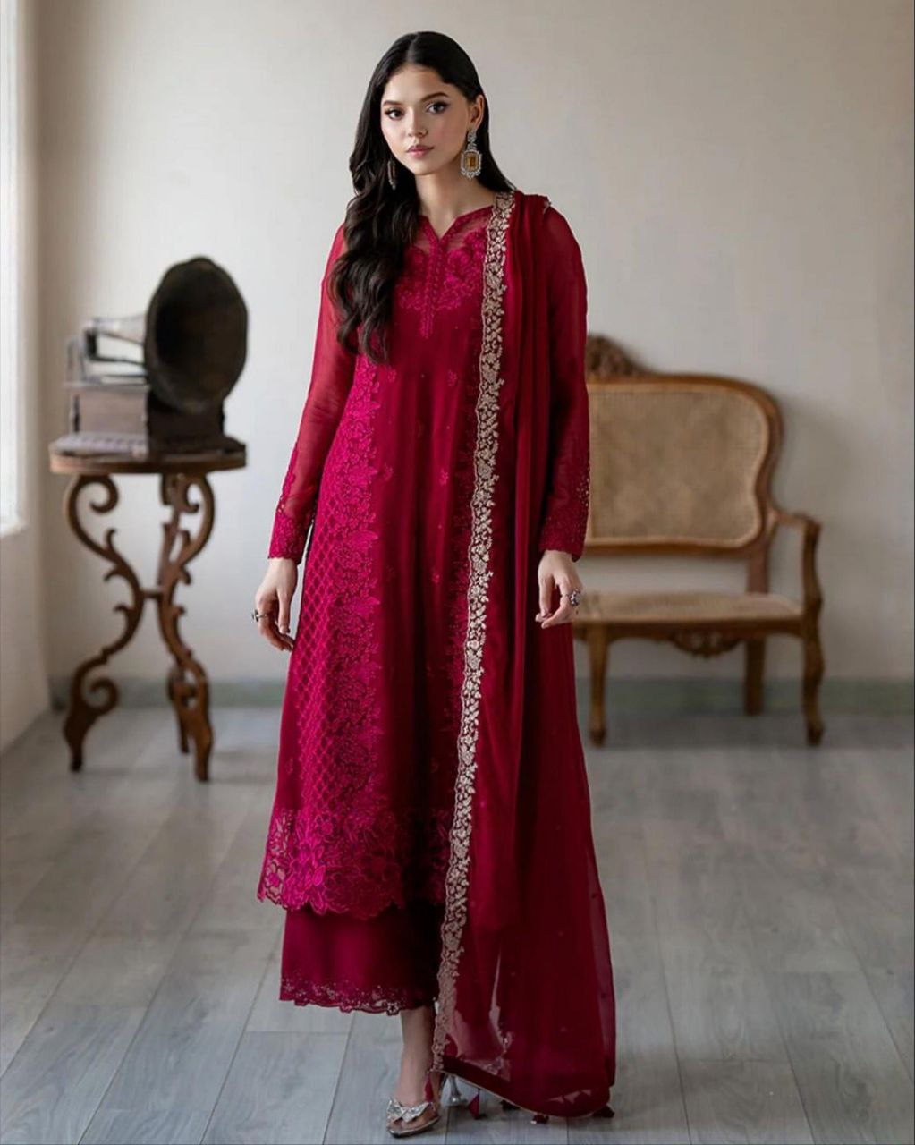 Ready To Wear Cherry Red Soft Georgette Embroidery Work Pakistani Suit With Dupatta