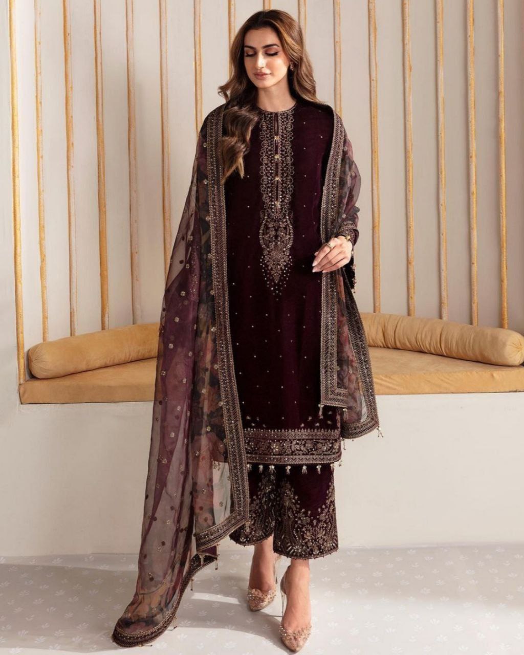 Exclusive Wine Micro Velvet Embroidery Work Pant Suit With Organza Dupatta