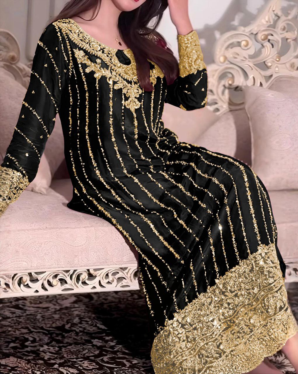 Ready To Wear Pink , Black & Green Chinon Silk Embroidery Work Pakistani Suit With Dupatta