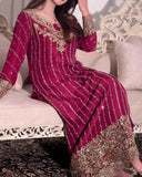 Ready To Wear Pink , Black & Green Chinon Silk Embroidery Work Pakistani Suit With Dupatta