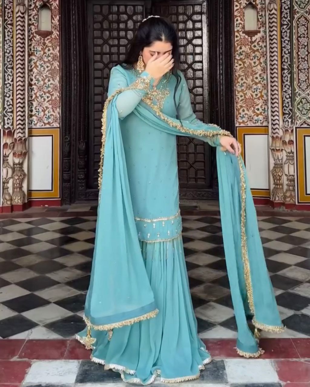 Ready To Wear Sea Green Soft Georgette Embroidery Work Gharara Suit With Dupatta