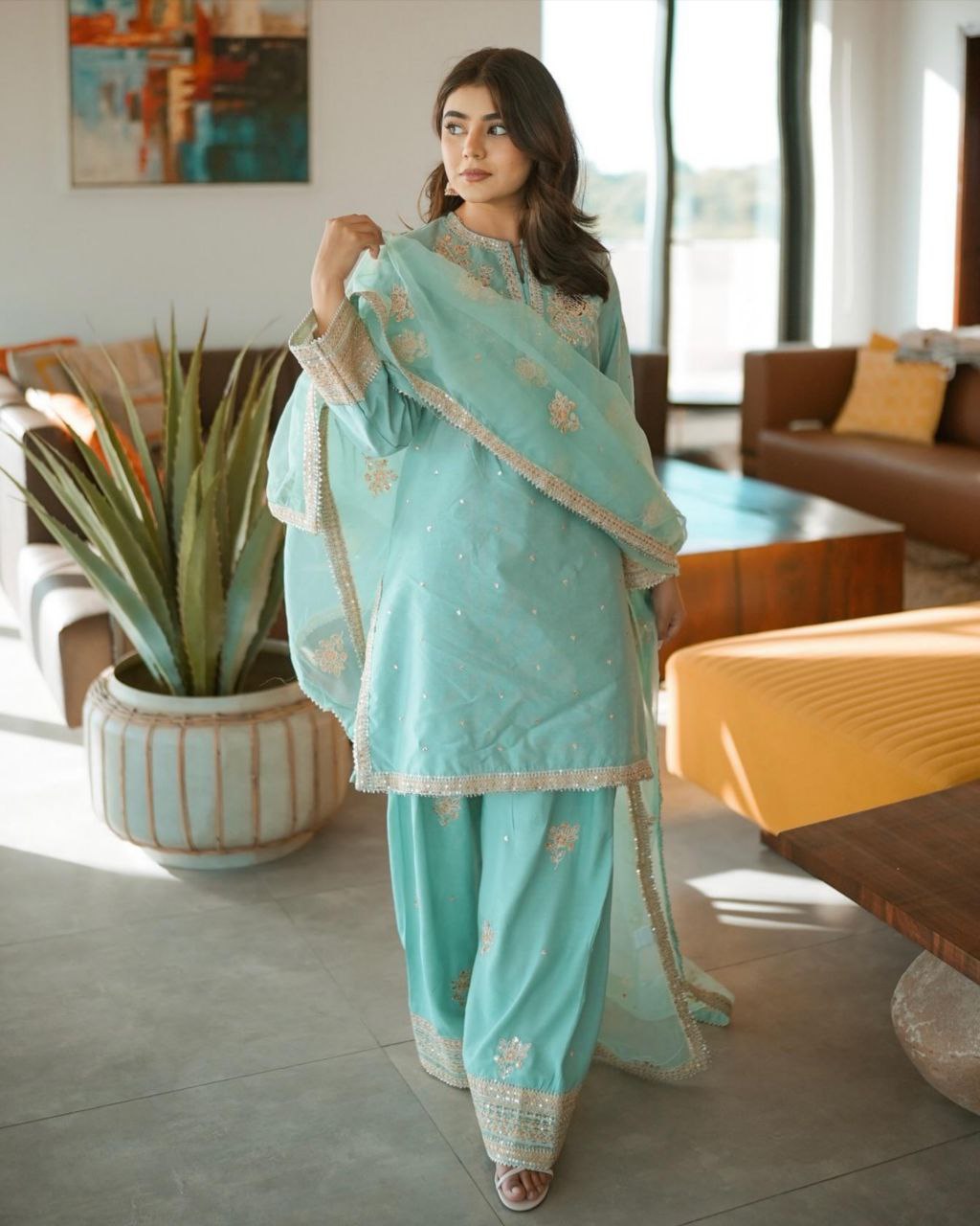 Ready To Wear Sky Crep Silk Sequence Work Farshi Suit With Dupatta