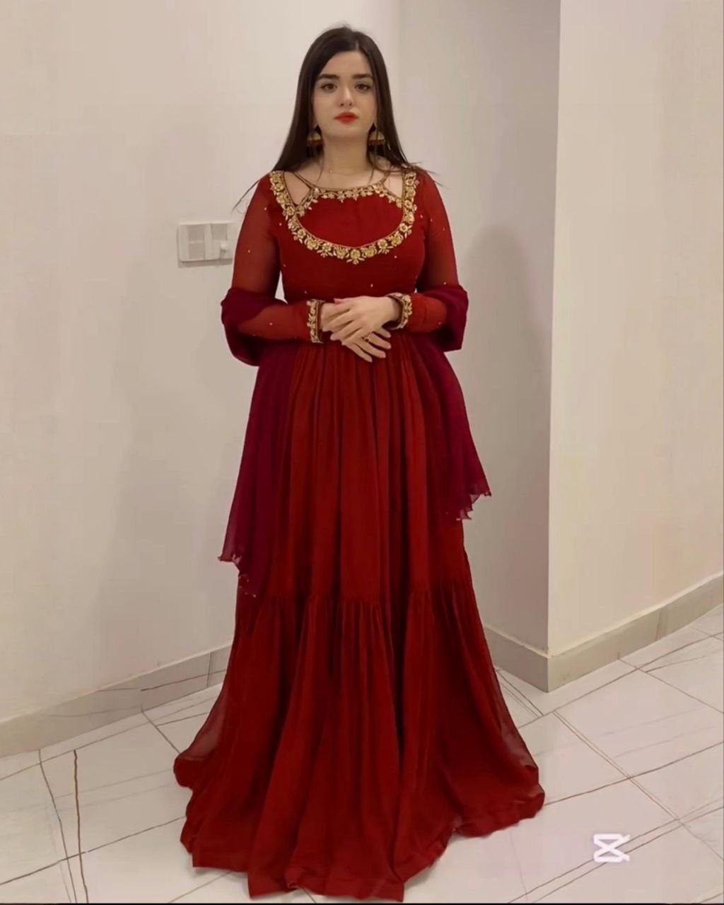 Exclusive Dark Red Soft Georgette Sequence Work Anarkali Gown With Dupatta