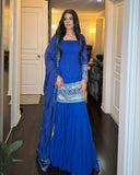 Ready To Wear Wine , Blue , Purple & Green Soft Georgette Sequence Work Gharara Suit With Dupatta