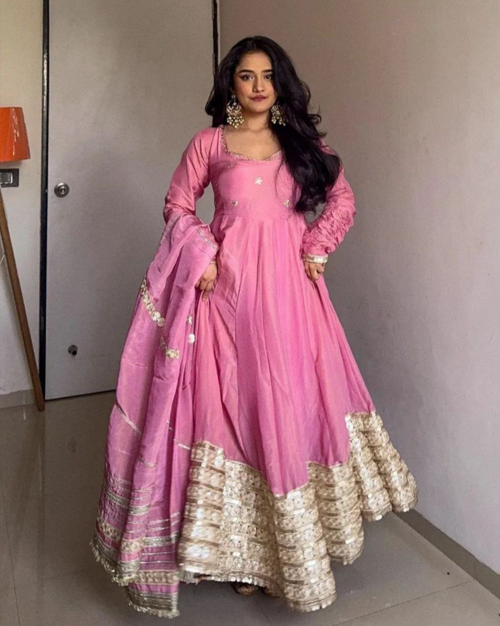 Ready To Wear Cream & Pink Chinon Silk Embroidery Work Anarkali Suit With Dupatta