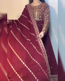Ready To Wear Maroon Soft Georgette Embroidery Work Anarkali Gown With Dupatta
