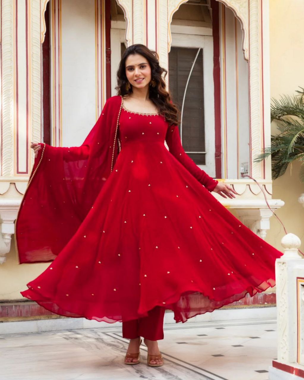Ready To Wear Hot Red Soft Georgette Sequence Work Anarkali Suit With Dupatta