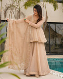 Ready To Wear Beige Organza Lace Work Sharara Suit With Dupatta