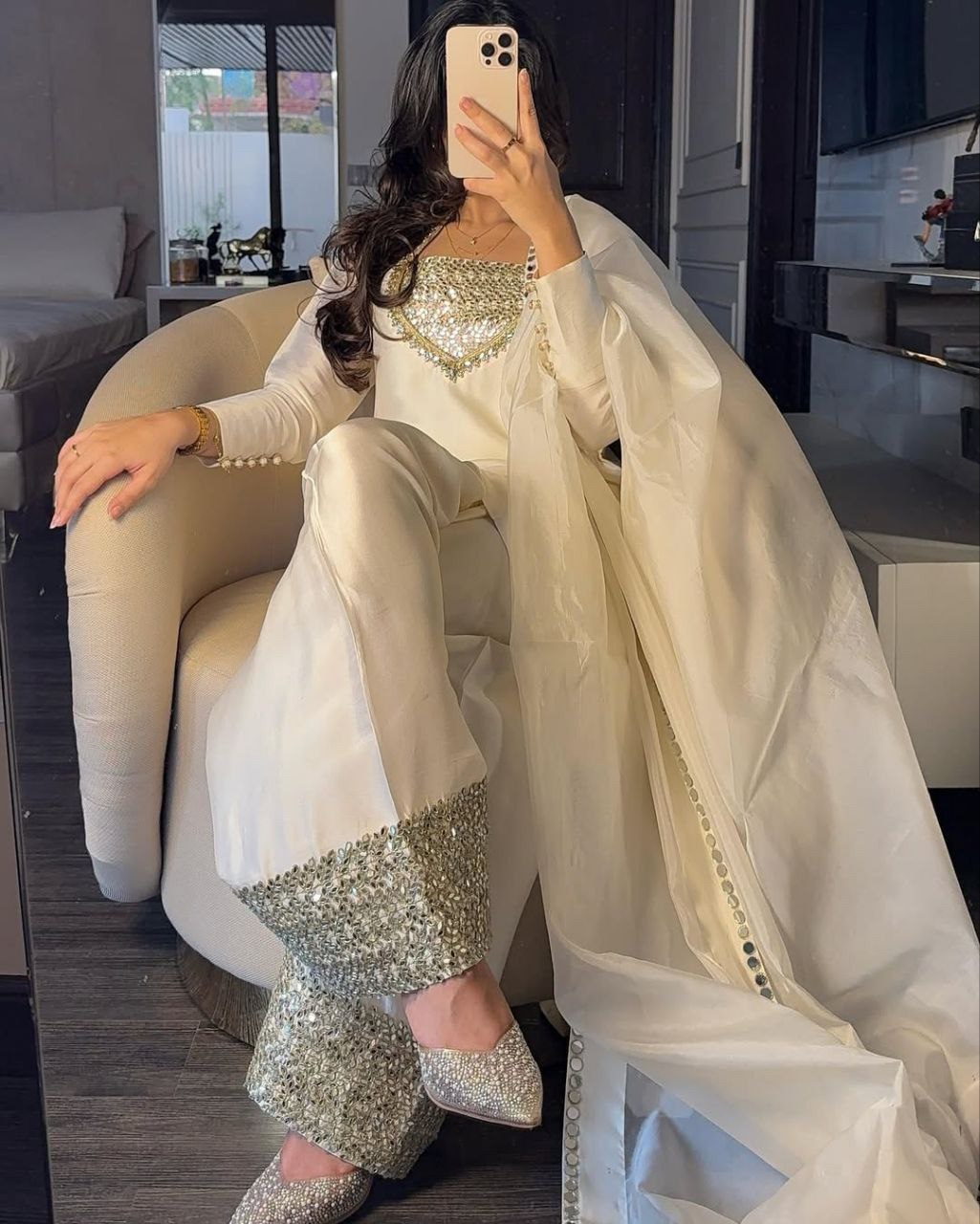 Ready To Wear White Chinon Silk Embroidery Work Farshi Suit With Dupatta