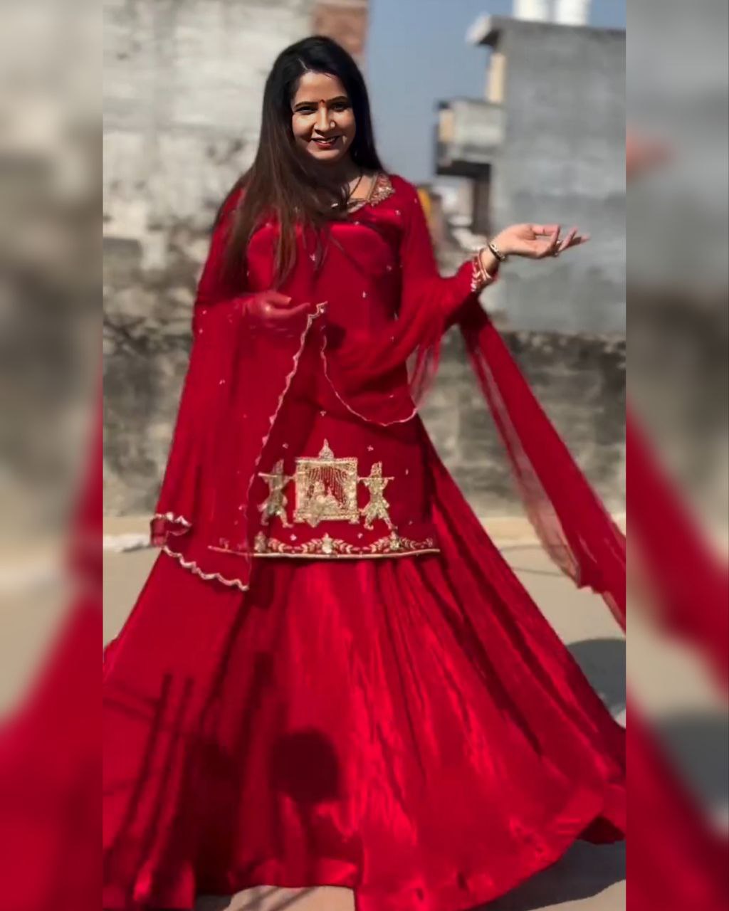 Ready To Wear Red Crep Silk Embroidery Work Sharara Suit With Dupatta