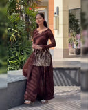 Ready To Wear Brown Soft Georgette Embroidery Work Farshi Suit With Dupatta