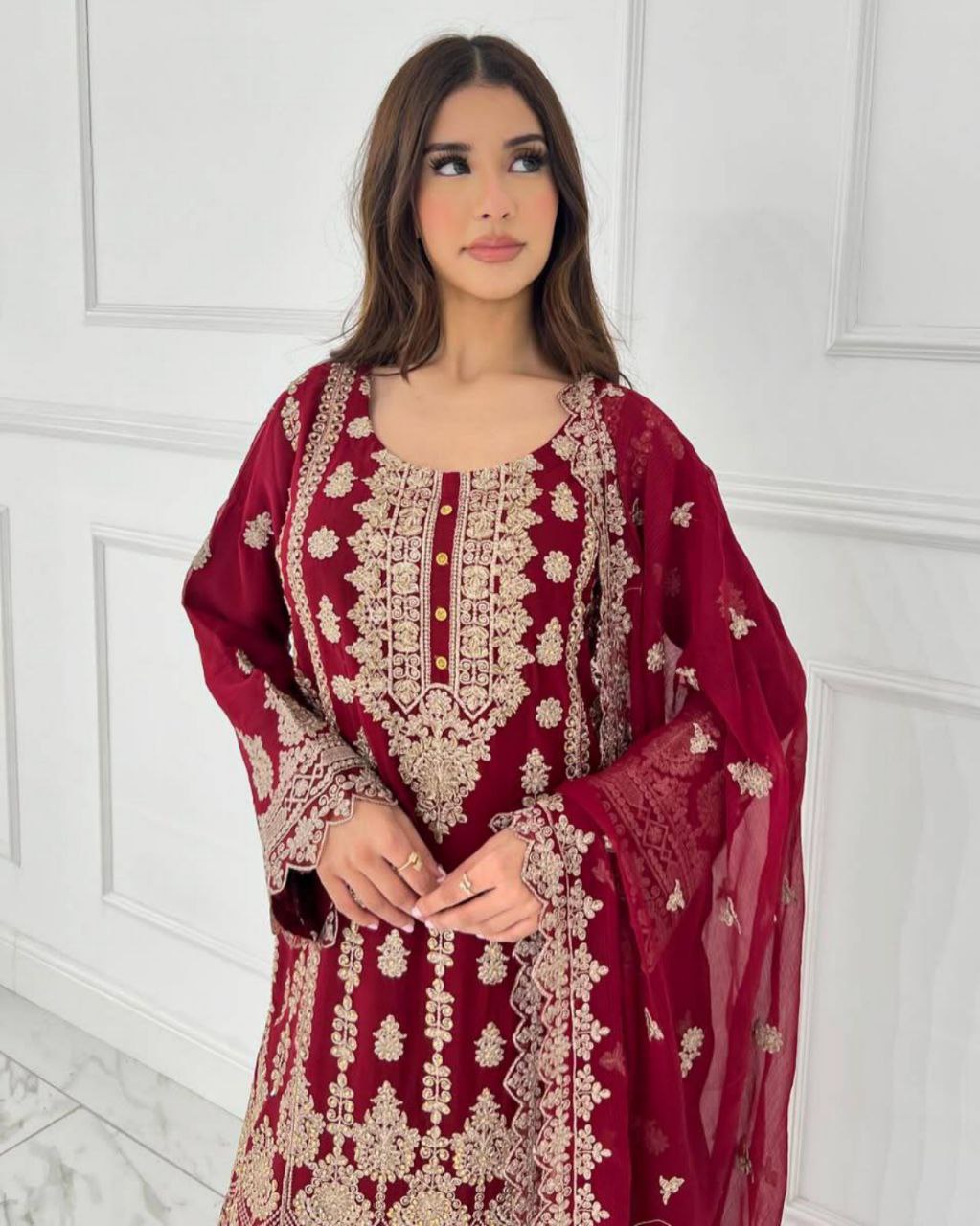 Ready To Wear Maroon Georgette Sequence Work Sharara Suit With Dupatta