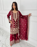 Ready To Wear Maroon Georgette Sequence Work Sharara Suit With Dupatta