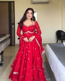 Exclusive Hot Red Soft Georgette Embroidery Work Anarkali Gown With Dupatta