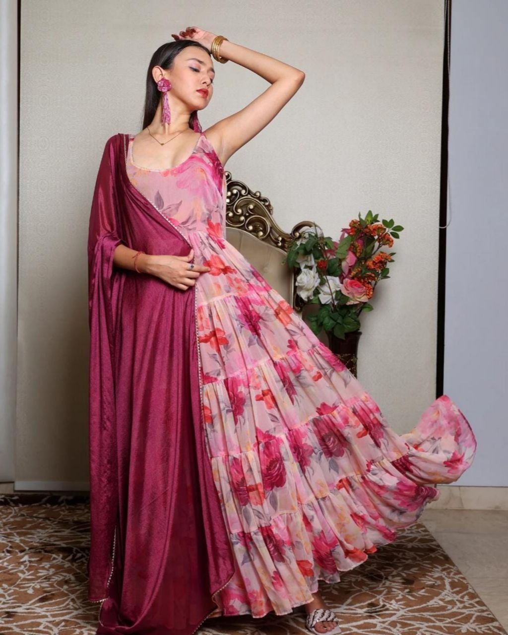 Ready To Wear Pink Soft Georgette Floral Printed Anarkali Gown With Magenta Dupatta