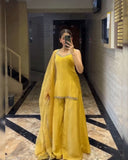 Ready To Wear Black & Yellow  Soft Georgette Embroidery Work Sharara Suit With Dupatta