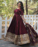 Ready To Wear Maroon Soft Georgette Embroidery Work Anarkali Gown With Dupatta